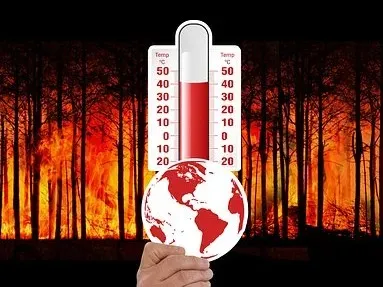 Ein Thermometer und eine Erdkugel, im Hintergrund brennender Wald